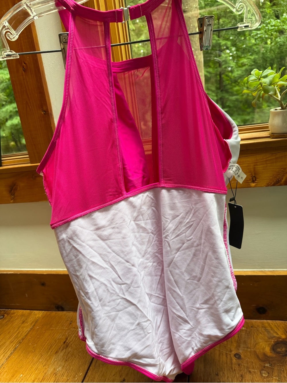 Tempt me hot pink one piece bathing suit high mesh v neck size XL - Picture 8 of 11